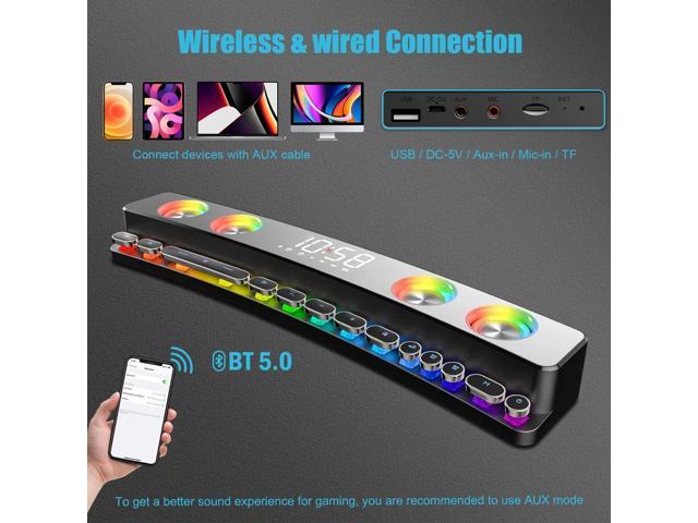 Computer Speakers Soundbar for Desktop,Dynamic RGB PC Gaming Sound Bar Speaker With Bluetooth 5.0 Subwoofer Microphone AUX 3.5mm, 19' Stereo HiFi...