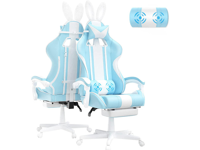 Ferghana Light Blue Gaming Chair with Bunny Ear, Cute Massage Gaming Chairs for Adults & Teens, Office PC Gamer Chair with Footrest, Kawaii...