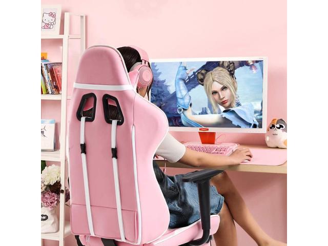 Pink Gaming Chair Office Chair Desk Chair for Girls, High Back Ergonomic PC Racing Chair w/Lumbar Support & Retractable Footrest PU Leather...