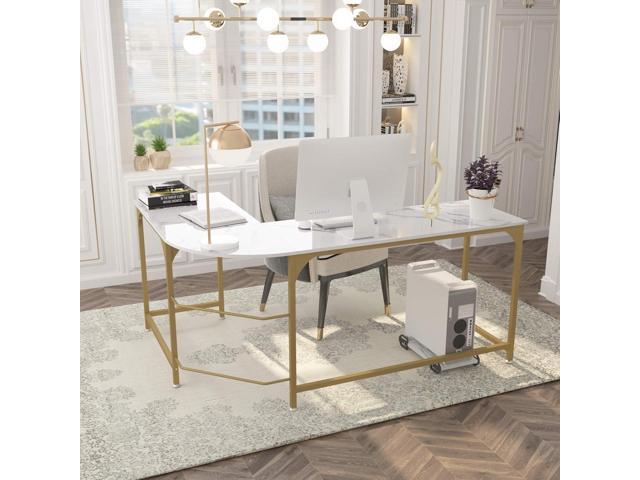 Teraves Reversible L Shaped Desk White - 66.1' Corner Gaming Computer Desk, Office Workstation Modern Home Study Writing Table, Marble Gold