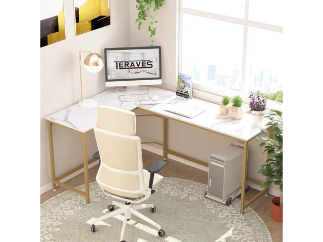 Teraves Reversible L Shaped Desk White - 66.1' Corner Gaming Computer Desk, Office Workstation Modern Home Study Writing Table, Marble Gold