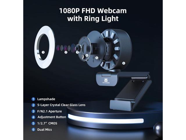 Streaming Webcam with Adjustable Ring Light, Full HD 1080P Webcam with Dual Microphones and Advanced Auto-Focus,Pro Web Camera for Online Learning,...
