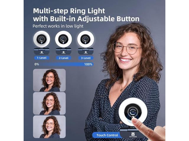Streaming Webcam with Adjustable Ring Light, Full HD 1080P Webcam with Dual Microphones and Advanced Auto-Focus,Pro Web Camera for Online Learning,...