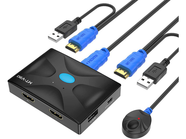 HDMI KVM Switch 2 Port, MT-VIKI 4K@30Hz KVM Switch for 2 Computers Share Keyboard Mouse and One Monitor +2 HDMI KVM Cables + 1 Wire-Desktop Controller