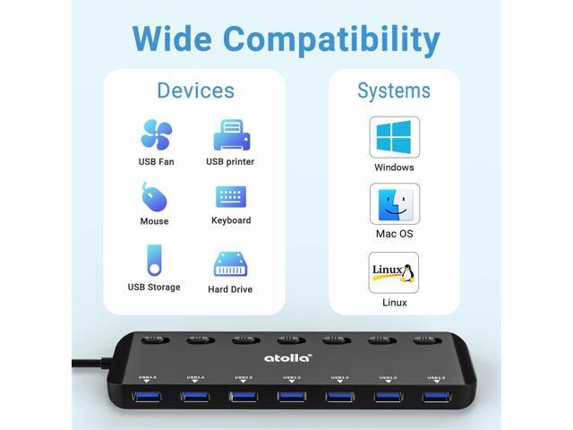 atolla 7-Port USB 3.0 Hub Splitter, USB Extender Ultra Slim Data USB Hub with Individual Power Switch and LEDs