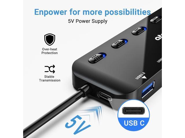 7-Port USB 3.0 Hub Splitter, USB Extender Ultra Slim Data USB Hub with Individual Power Switch and LEDs