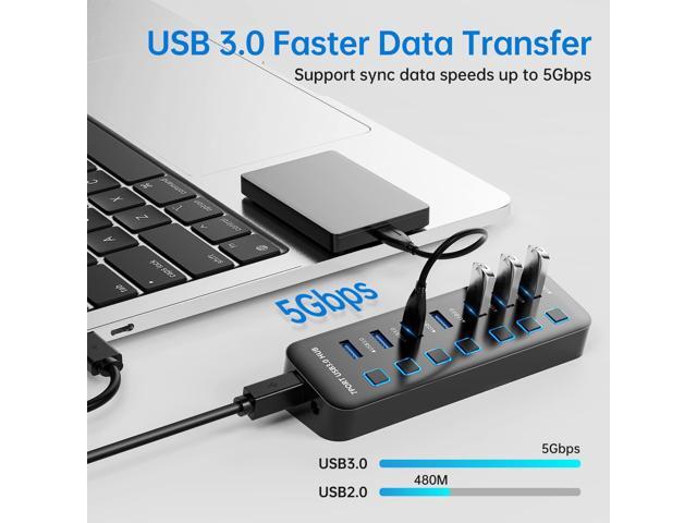 USB Hub 3.0 7 Port, USB Data Hub Splitter with LED Individual On/Off Switches and Lights, 5Gbps High Speed USB Port Expander for MacBook, Mac Pro,...