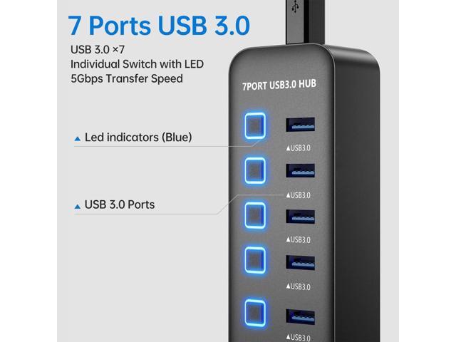 USB Hub 3.0 7 Port, USB Data Hub Splitter with LED Individual On/Off Switches and Lights, 5Gbps High Speed USB Port Expander for MacBook, Mac Pro,...