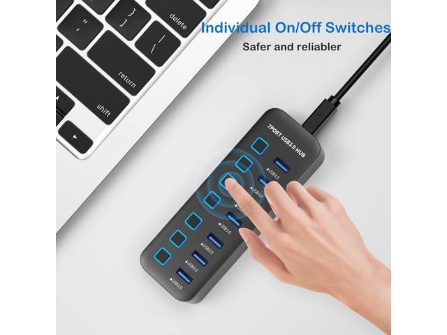 USB Hub 3.0 7 Port, USB Data Hub Splitter with LED Individual On/Off Switches and Lights, 5Gbps High Speed USB Port Expander for MacBook, Mac Pro,...