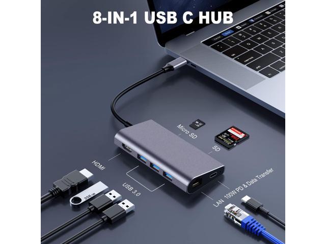 USB C Hub Ethernet Multiport Adapter, LasAnclas 8-in-1 USB C Docking Station 4K HDMI, 100W PD, 3 USB 3.0, 1Gbps LAN USB C Dongle, SD/TF Reader USB...