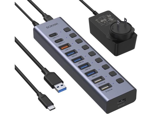 Powered USB Hub 3.0/3.1- Sokiwi USB Hub- Aluminum USB Port Hub Expender- USB C Hub Splitter with Individual On/Off Switches for Laptop/PC