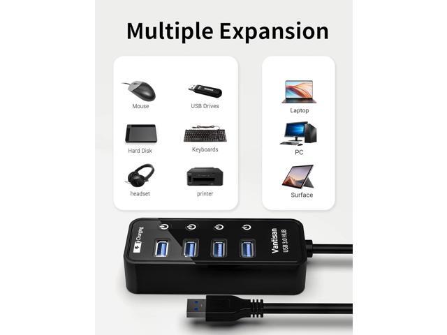 vantisan Powered USB 3.0 Hub, USB Extension 4-Port USB Hub Splitter (4 USB 3.0 Data Ports+1 Smart Charging Port) with 5V/3A Powered Adapter and...