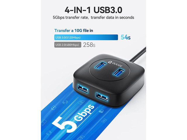 USB Hub, USB 3.0 Hub with 4 USB A Port 5Gbps, 1.8ft Extension Cable, Micro Charging Port, USB Splitter USB Expander for Laptop, HDD, Flash Drive,...