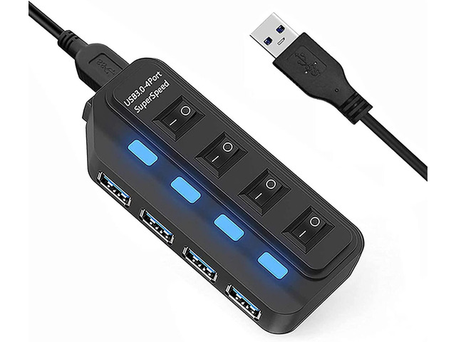 USB Hub 4-Port USB 3.0 Hub 4-Port USB 3.0 Hub with Individual LED Power Switches Portable Adapter High Speed Expansion Multi USB Hub Splitter Lead...