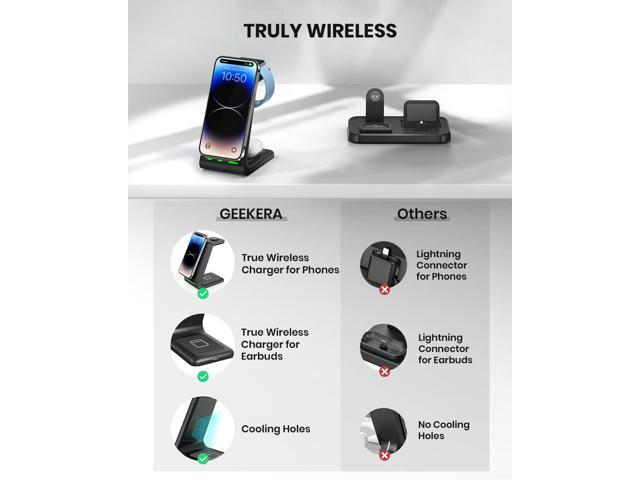 Wireless Charging Stand, GEEKERA 3 in 1 Wireless Charger Dock Station for iPhone 14 Pro Max/14 Pro/14 Plus/13/12/11/X/8 Series, Apple Watch...