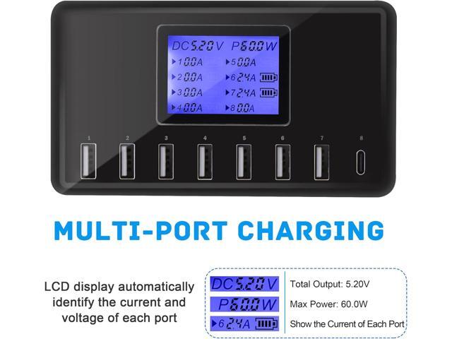 USB Charger, slitinto 60W 12A 8-Port USB Charging Station Multi Port USB Hub Charger Compact Size LCD Display Compatible with iPhone iPad Samsung...