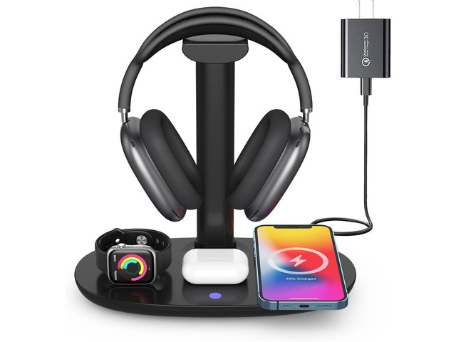 Headphone Stand with 15w Wireless Charger, Suguder 4 in 1 Charging Station Headset Holder for AirPods Max/Pro/4/3/2 iWatch 10/9/8/7/6/5/4/3/2/1/SE...