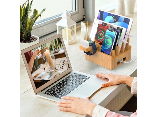 Pezin & Hulin Bamboo Charging Station for Multiple Devices with 5 Port USB Charger, 5 Cables, Smart Watch & Earbuds Stand, Desk Docking Stations...