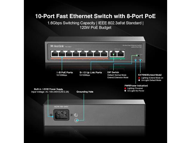 MokerLink 10 Port PoE Switch with 8 Port PoE+, 2 Fast Ethernet UpLink, 100Mbps, 120W 802.3af/at PoE, Fanless Plug & Play