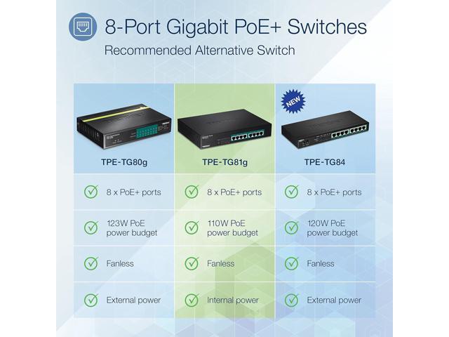 TRENDnet 8-Port Gigabit GREENnet PoE+ Switch, TPE-TG81g, 8 x Gigabit PoE+ Ports, Rack Mountable, Up to 30 W Per Port with 110 W Total Power Budget,...