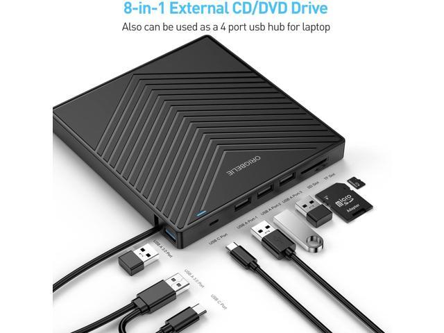 ORIGBELIE External CD DVD Drive, Ultra Slim CD Burner USB 3.0 with 4 USB Ports and 2 TF/SD Card Slots, Optical Disk Drive for Laptop Mac, PC...
