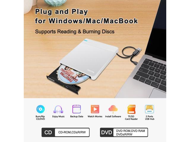 NOLYTH External CD/DVD Drive for Laptop: USB 3.0/USB-C Burner for Windows 11/10 & Mac OS with 2 USB/SD/TF Slot - Portable Slim Plug & Play DVD±RW...
