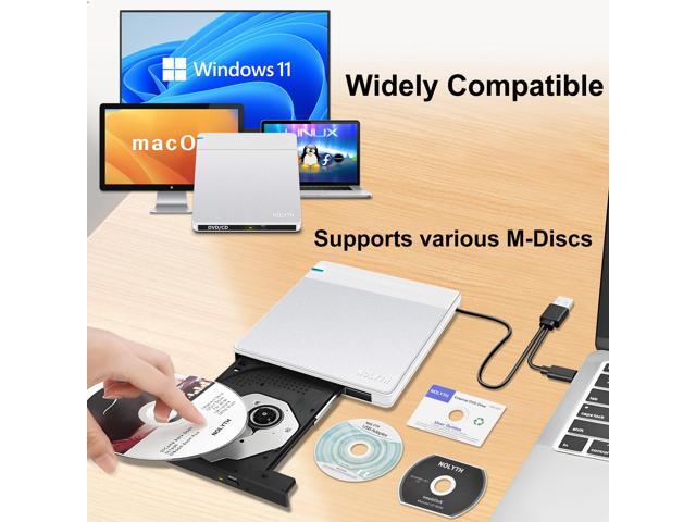NOLYTH External CD/DVD Drive for Laptop: USB 3.0/USB-C Burner for Windows 11/10 & Mac OS with 2 USB/SD/TF Slot - Portable Slim Plug & Play DVD±RW...