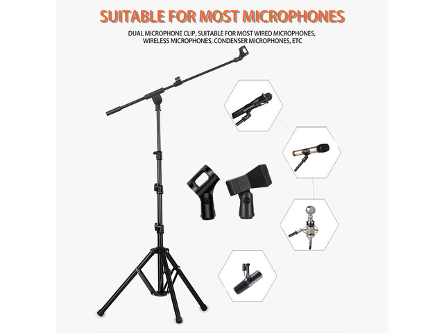 Microphone Stand, Tripod Boom Arm Floor Mic Stand Height Adjustable Heavy Duty with Carrying Bag 2 Mic Clips 3/8' to 5/8' Adapter for Singing...