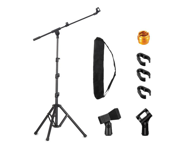 Microphone Stand, Tripod Boom Arm Floor Mic Stand Height Adjustable Heavy Duty with Carrying Bag 2 Mic Clips 3/8' to 5/8' Adapter for Singing...