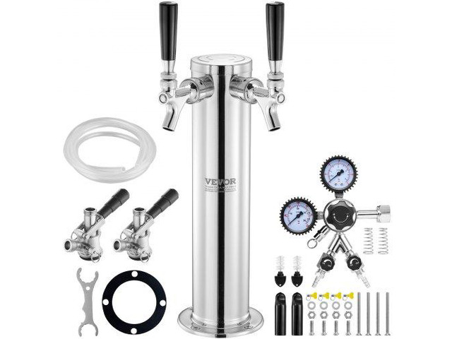 Kegerator Tower Kit, Dual Taps Beer Conversion Kit, Stainless Steel Keg Beer Tower Dispenser with Dual Gauge CGA320 Regulator & D-System Keg...