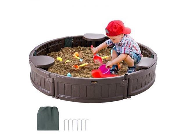 VEVOR Sandbox with Cover, 47.2 x 9.1 in Round Sand Box, HDPE Sand Pit with 3 Corner Seating and Bottom Liner, Kids Sandbox for Outdoor Backyard,...