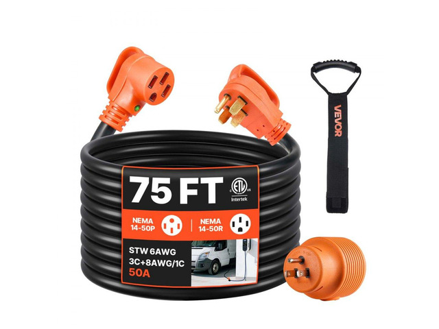 75 FT RV Extension Cord, 50 Amp, 125V/250V 7500W Heavy Duty STW 6/3 + 8/1 Gauge Wire, NEMA 14-50P Male NEMA 14-50R Female Plug, with LED Indicator,...