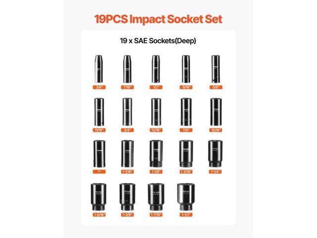 VEVOR Impact Socket Set 1/2 Inch Drive 19pcs 3/8 Inch To 1-1/2 Inch Deep Length