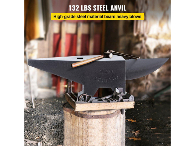 Cast Steel Anvil, 132 Lbs(60kg) Single Horn Anvil with Large Countertop and Stable Base, High Hardness Rugged Round Horn Anvil Blacksmith, for...