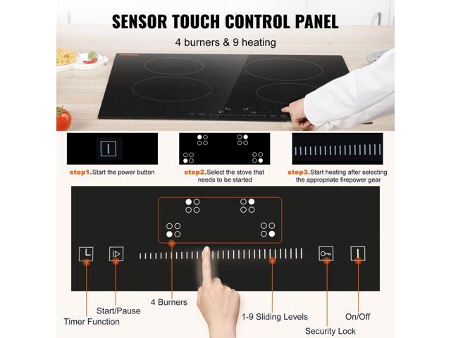 Built in Electric Stove Top, 23.2 x 20.5 inch 4 Burners, 240V Glass Radiant Cooktop with Sensor Touch Control, Timer & Child Lock Included, 9 Power...