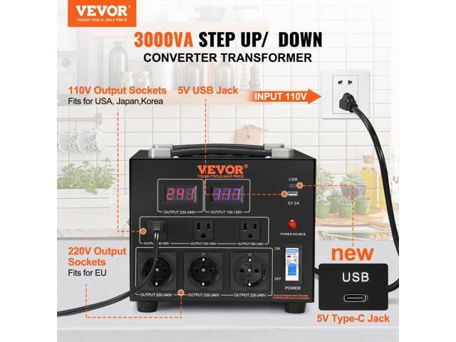 Power Converter, 3000W, Durable Step Up/Down Unit, Switches between 110V and 220V, Includes US and EU Outlets plus 5V USB, CE Approved
