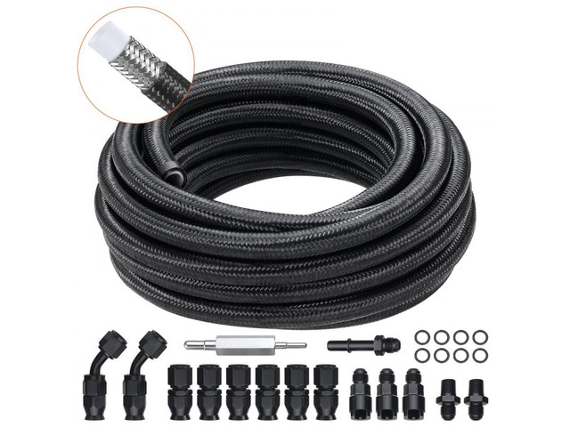 6AN Fuel Line Kit, 25 FT Fuel Hose Kit, 5/16' Nylon Stainless Steel Braided PTFE Fuel Line Kit, E85/Oil/Gas/Diesel Hose End Fitting Kit, with 15...