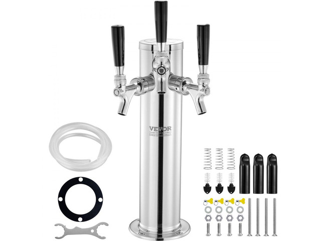 Triple Taps Draft Beer Tower Dispenser, Stainless Steel Keg Beer Tower, Kegerator Tower Kit with Pre-Assembled Tubing and Self-Closing Faucet...