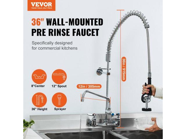 VEVOR Commercial Faucet with Pre-Rinse Sprayer, 36' Height, 8' Center, 12' Swing Spout, Wall Mount Kitchen Sink Faucet, Brass Constructed Device...