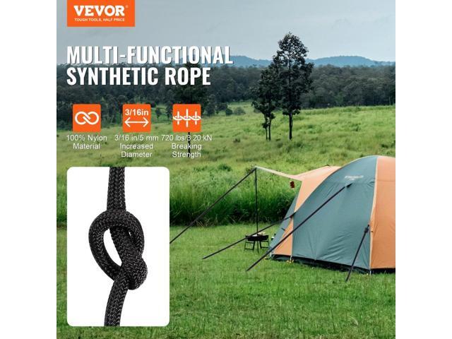 Braided Nylon Cord, 3/16 inch by 250 feet, 32-Strand Design, 720 LBS Tensile Strength, Multi-Purpose Black Rope for Outdoor, Tree Work, Hiking,...