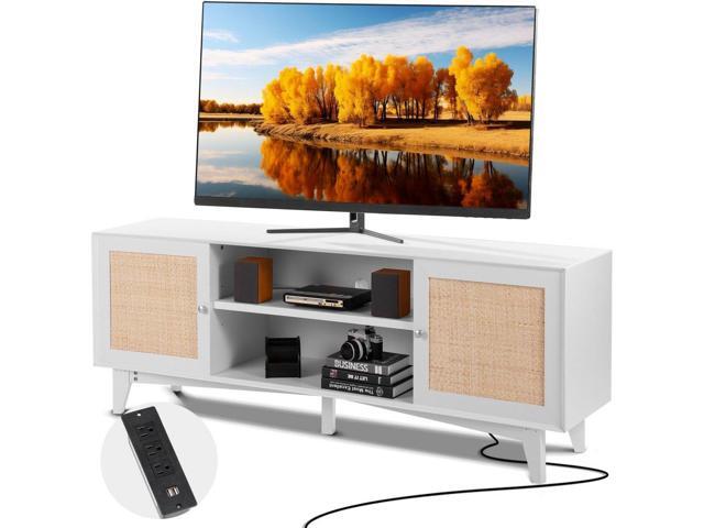 VEVOR Rattan TV Stand for 75in TV, Boho TV Stand with Rattan Door, Entertainment Center with Build-in Socket, Storage Cabinet with 2 Shelves,...