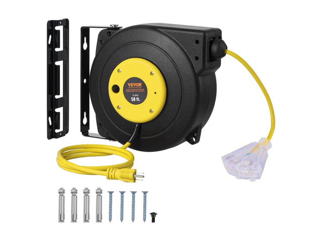 Retractable Extension Cord Reel, 50 FT, Heavy Duty 14AWG/3C SJTOW Retractable Power Cord with Lighted Triple Tap Outlet, 13 Amp Circuit Breaker...