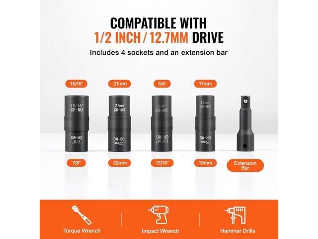 Lug Nut Impact Socket Set, 1/2 inch Drive Metric and SAE 6-Point Flip Socket Set, 4 Total Lug Nut Sizes, CR-MO Steel Wheel Socket Set with Storage...