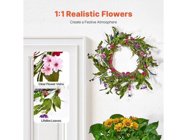 Artificial Decorative Wreath, 22 in, Pink Green, Decorated with Daisies, Babysbreath, Buds, Year Round Wreath for All Seasons Indoor and Outdoor...