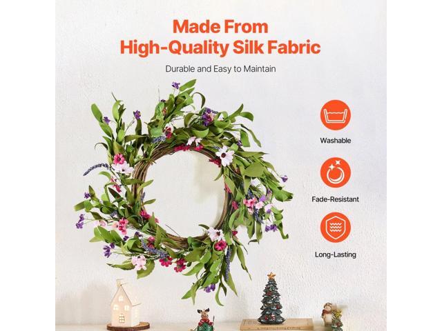 Artificial Decorative Wreath, 22 in, Pink Green, Decorated with Daisies, Babysbreath, Buds, Year Round Wreath for All Seasons Indoor and Outdoor...