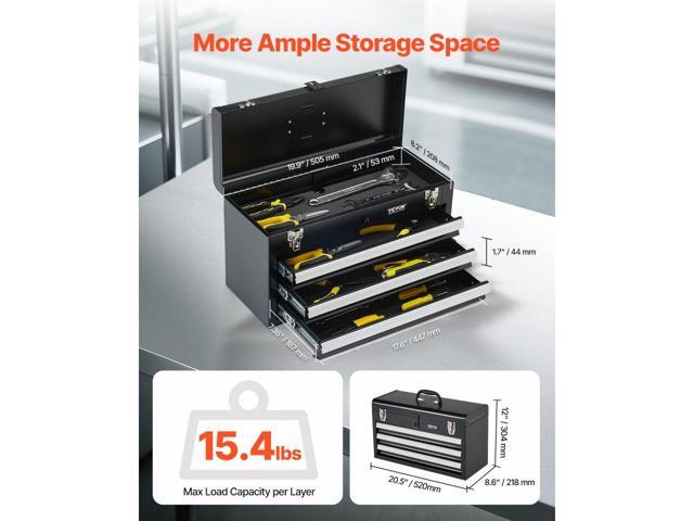 Metal Tool Box, 20.5-inch, Portable Metal Tool Box with 3 Drawers, Small Tool Chest with EVA Liners, Ball Bearing Slide Drawers Locking & Powder...