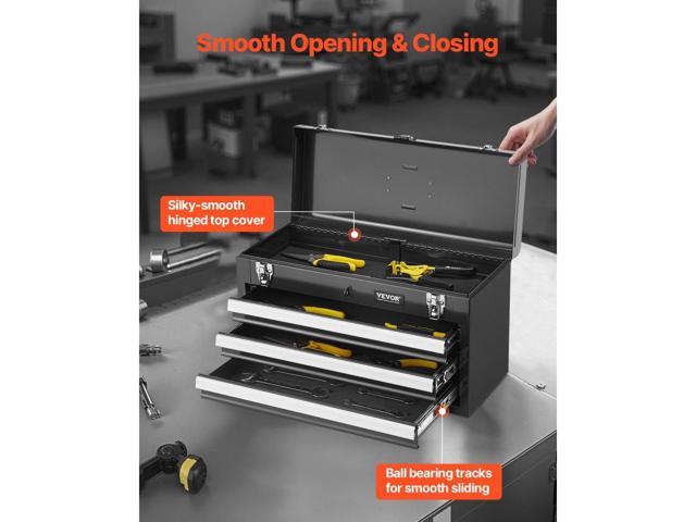Metal Tool Box, 20.5-inch, Portable Metal Tool Box with 3 Drawers, Small Tool Chest with EVA Liners, Ball Bearing Slide Drawers Locking & Powder...