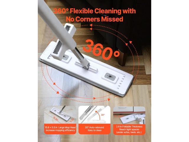 Flat Mop, Self Wringing, Microfiber Floor Mop with 4 Reusable & Washable Mop Pads for Dry & Wet Floor Cleaning, Microfiber Flat Mop with Stainless...