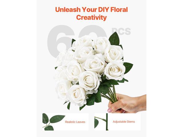 Artificial Flowers, 60 pcs Real Looking White Foam Fake Roses Bulk, White Faux Bridal Shower with Stems for DIY Wedding Bouquets, Home Centerpieces...
