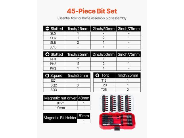 Screwdriver Bit Set, 45-Piece, Magnetic Phillips, Slotted, Square, Torx Bit, Hex Nut Sockets, Extension Rod with Transparent Storage Case,...